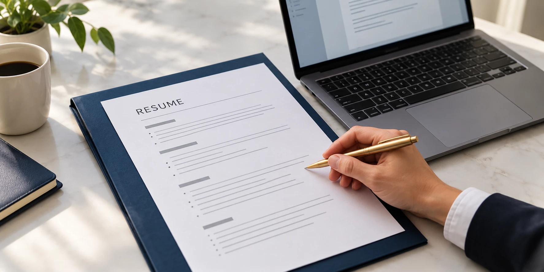 Professional preparing a resume beside a laptop